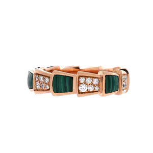 Pre-owned Bvlgari Serpenti Viper Ring 18K Rose Gold with Malachite and Diamonds Large by Rebag