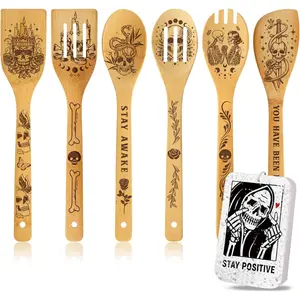 Skull Engraved  Spoons Cooking Set - 6 count Goth Kitchen Tools,  Gifts for Women Dark Aesthetic Lovers, Edgy  Decor for Halloween Housewarming Birthday Alternative Style