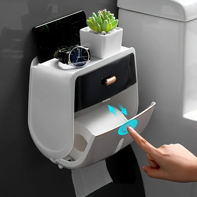 Wall-mounted double-layer tissue holder - with storage rack, self-adhesive plastic stand, no drilling installation, polished plastic finish, bathroom organizing rack and storage device, suitable for living room and bedroom