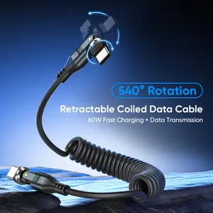 60W USB-C Coiled Charging Cable, 540° Rotating Type-C to Type-C Spring Cable, Stretchable Car Charger Cord for Phone, Tablet, Laptop and Gaming