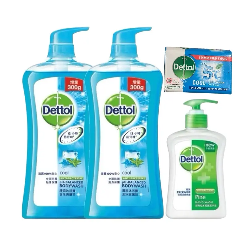Dettol Cool Body Wash & Hand Wash Set - 300g x2 + 5.29oz Cleanser, pH-Balanced, Ammonia-Free Formula, Gentle Cleansing for All, Scented Daily Body Care