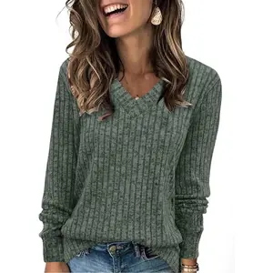 V Neck Long Sleeve Shirts for Women Casual Fall Tops Lightweight Tunic Sweaters Fashion Clothes Loose Fit 2025 Womenswear Knitwear Gamis Basic Caramel Fitted Vneck Minimalist fall sweaters