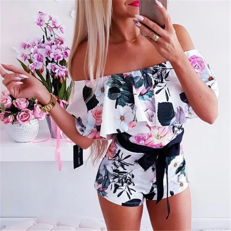 Women's Floral Off Shoulder Ruffle Romper, Summer Short Jumpsuit with Belt, Casual Vacation Playsuit