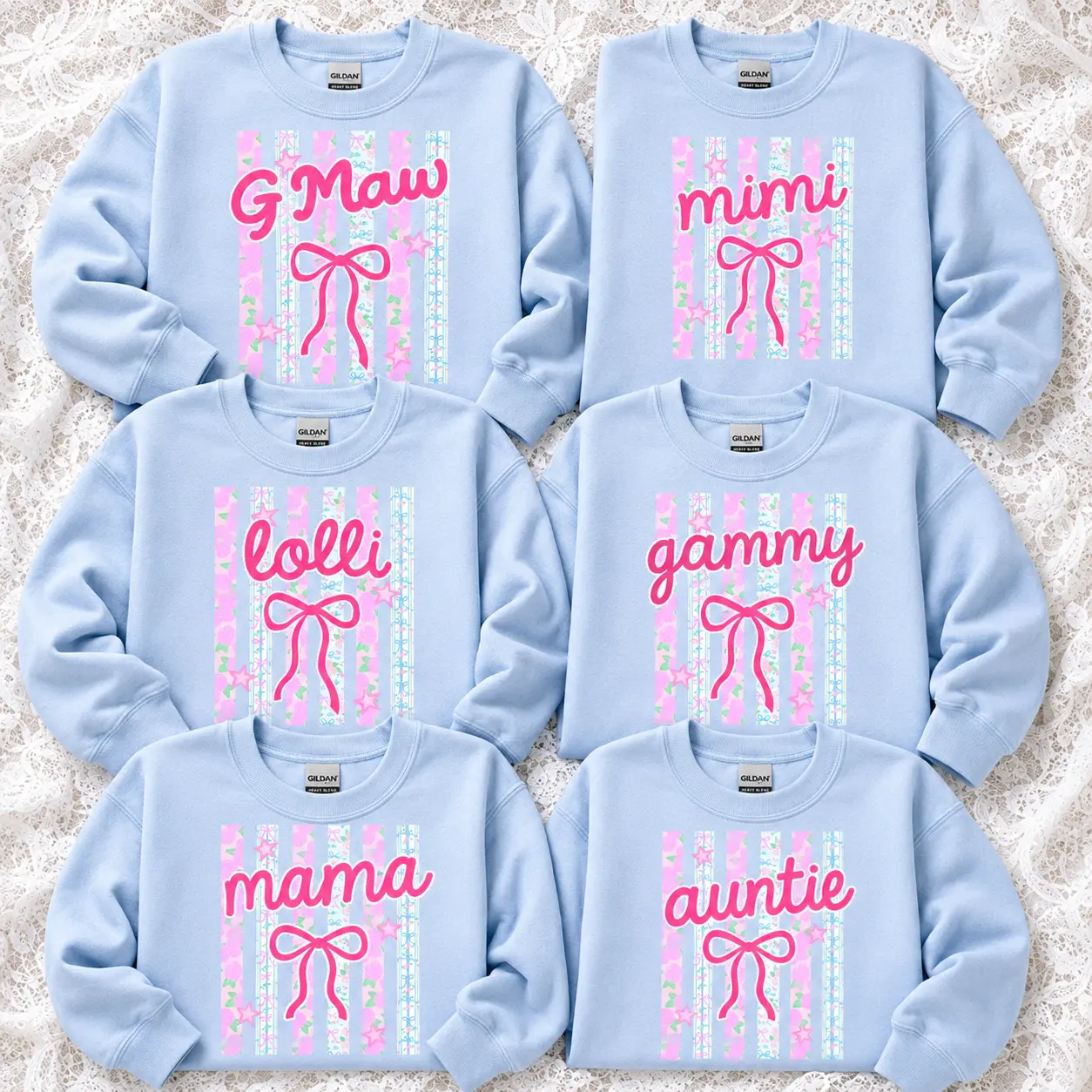 Personalized Grandma Sweatshirt, Cute G-Maw Mimi Lolli Gammy Mama Auntie Bow Floral Stripes Crewneck, Light Blue Family Matching Pullover, Mother’s Day Gift, Birthday Gift for Grandma, New Grandma, Nana, Mimi and Aunt -DPCLICK Tiffany Graphic Tee