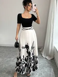 Women's Elegant Bodycon Square Neck Patchwork Waist Tie Chinese Style Print Midi Dress