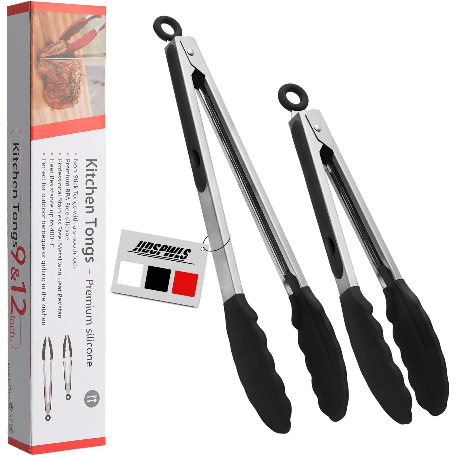 Stainless Steel Heat Resistant Kitchen Tongs for cooking,set of 9" and 12" (Black),Non Scratch  cooking Tong Tip for Cooking Pans, Grip BBQ tongs for Grabbing Hot