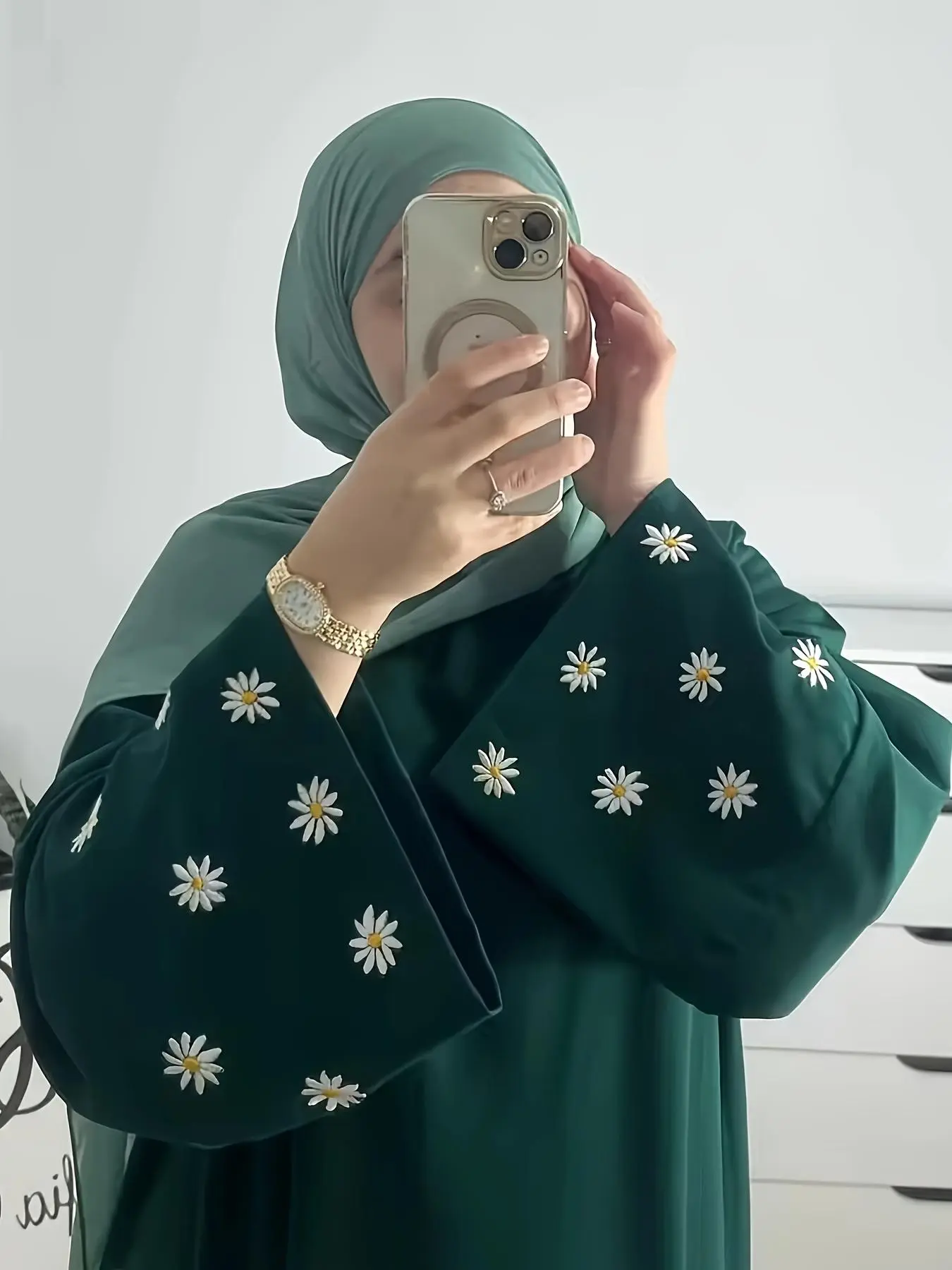 Women's Daisy Embroidery Long Sleeve Dress, Modest Long Dress for Ramadan, Spring & Fall Fashion, Loose-Fitting Woven Fabric Dress, Muslim Dress