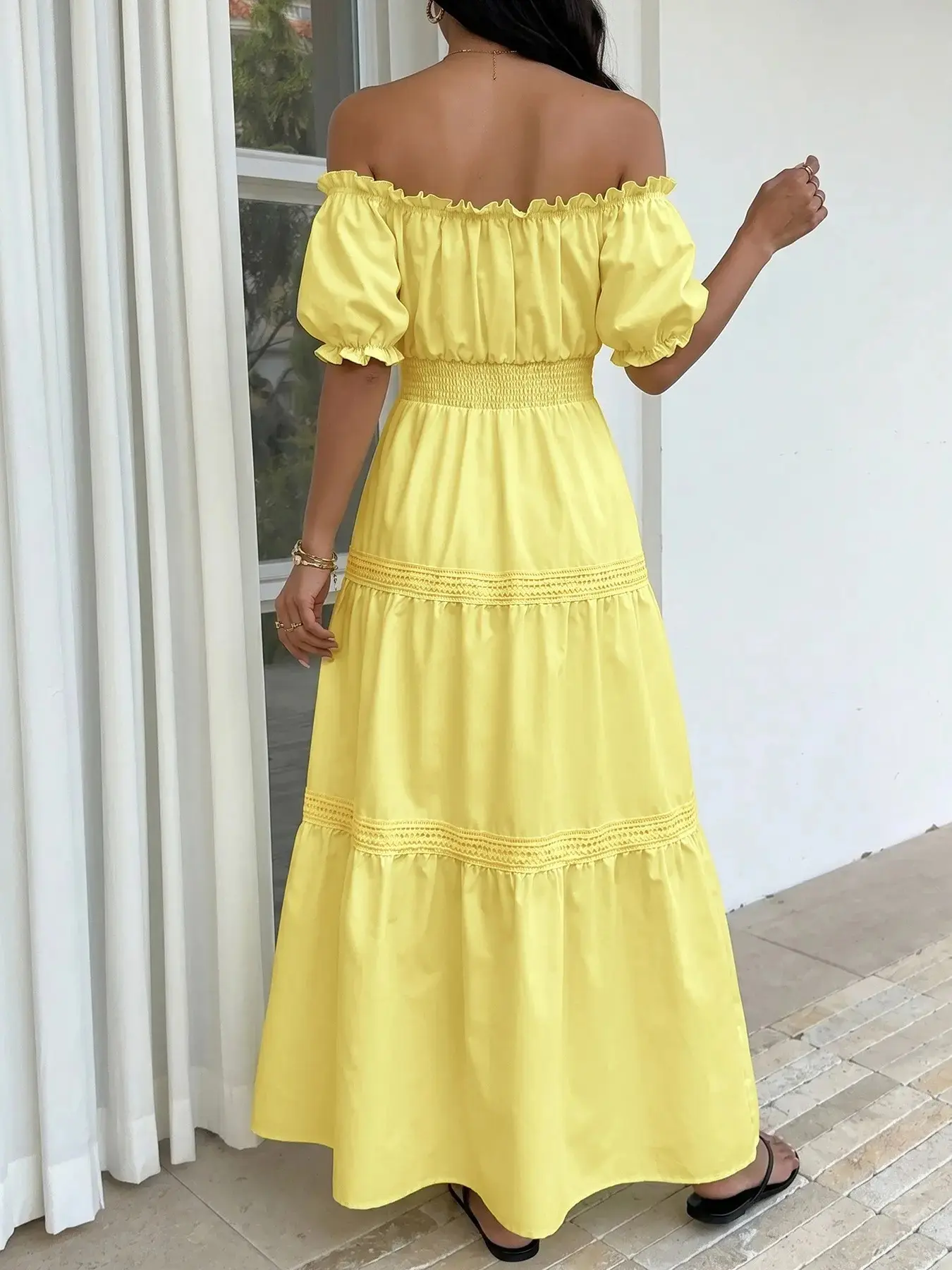 Lady Summer Daily Fresh Pastoral Off Shoulder Short Sleeve Dress, Ruffle Trim Shirred Waist with Tie Drawstring Home Outdoor Urban Regular Trendy Casual Elegant Youth Simple Versatile Texture Charm Literary
