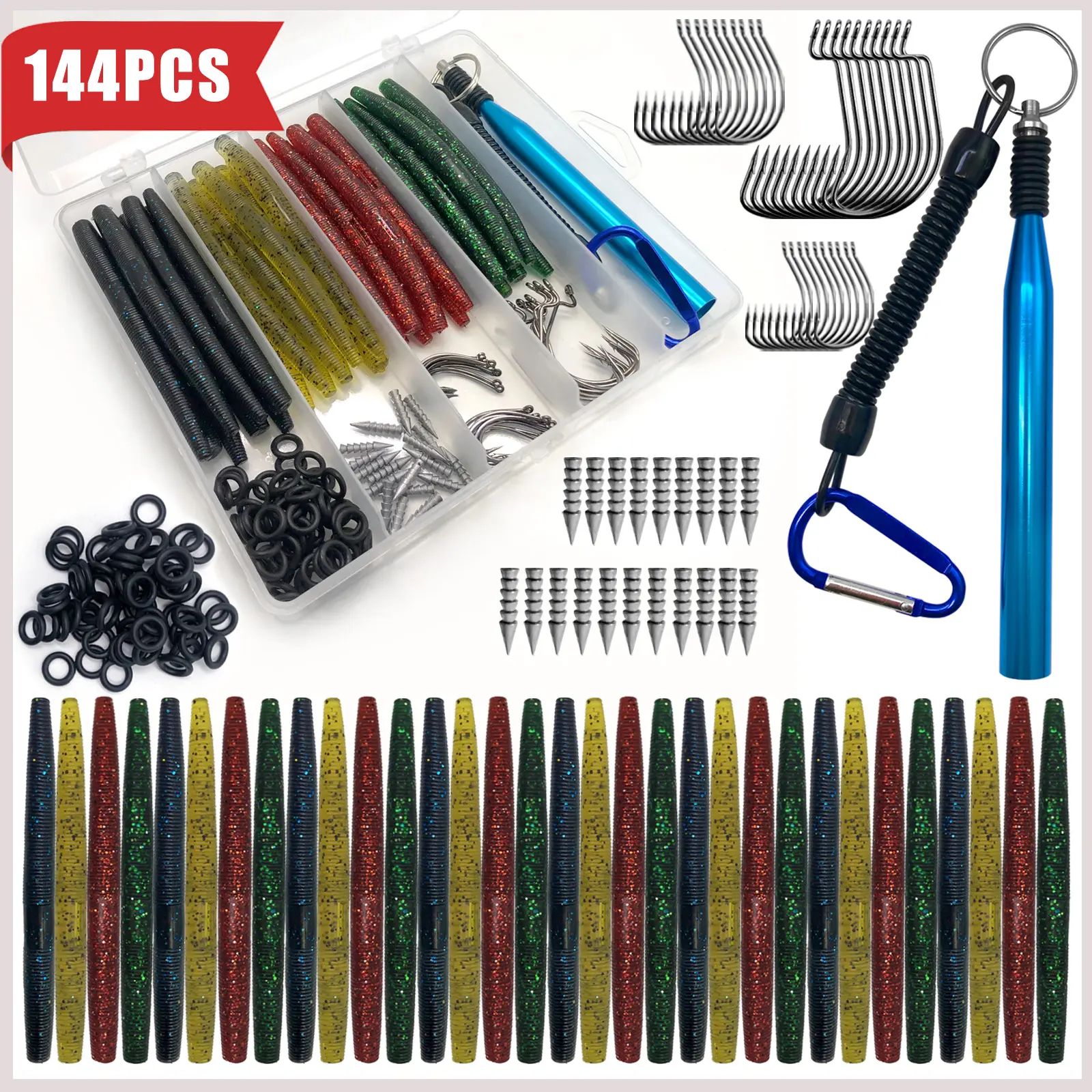 144pcs Wacky Worms Kit, Fishing Accessories, Fishing Lure Set, Artificial Fishing Lure, Bionic Soft Worms for Bass Trout Fishing, Includes Tackle Box, Perfect Gift for Anglers