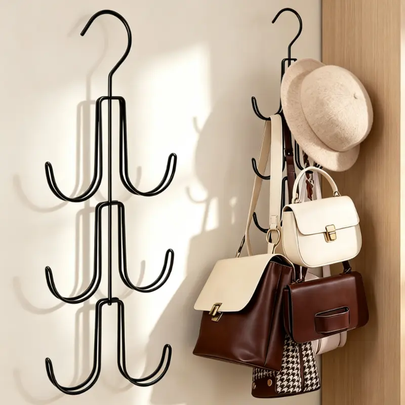 1-Piece Black Metal Vertical Purse Hanger Organizer, Multi-Hook Closet Storage Rack for Handbags, Hats, Belts, Scarves, Backpacks, Space-Saving Wardrobe Accessory Holder, One-Piece, Vertical Rack