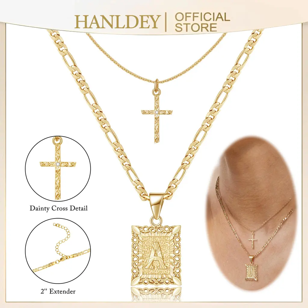 14K Gold Plated Layered Initial Letter Pendant Cross Choker Necklace- Square