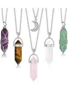 5pcs Crystal Pendant Necklace Spiritual Natural Healing Stone Amethyst Rose Quartz Gemstone Necklace Crystal Jewelry for Women Quartz Crystals