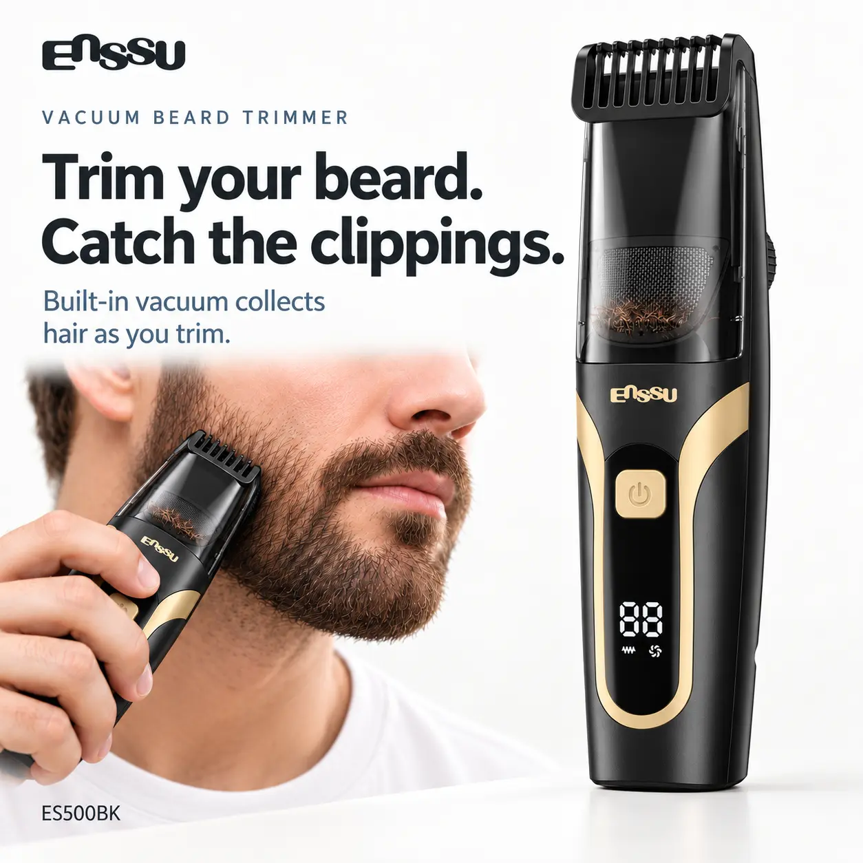 [Official ENSSU] Men's Vacuum Beard & Body Hair Trimmer - USB Rechargeable Wet Dry Professional Groomer with Auto Hair Suction, LED Display, Skin-Friendly Design, 2 Guard Combs, Dual Motors, Waterproof Washable