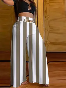 Women's Striped Print Chain Decor Wide Leg Pants, Casual Comfy High Waist Trousers for Spring & Fall, Women's Bottoms for Daily Wear, Womenswear, Lady