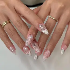Buy 10 Get 5 Free! [Machine-Made] 24pcs Press-On Nails with Rhinestones & Flowers – French Style Glue-On Nails for Women & Girls Acrylic Gel System Full Cover Shiny Glitter long-lasting high-quality