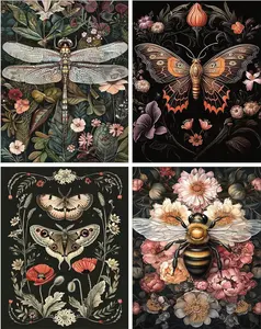 4 Pack Stamped Cross Stitch Kits for Adults - Cross Stitch Kits for Beginners,11 CT Insect Flowers Cross Stitch Patterns Dimensions DIY Counted Cross Stitch Kits for Adults Arts Craft 12x16 inch