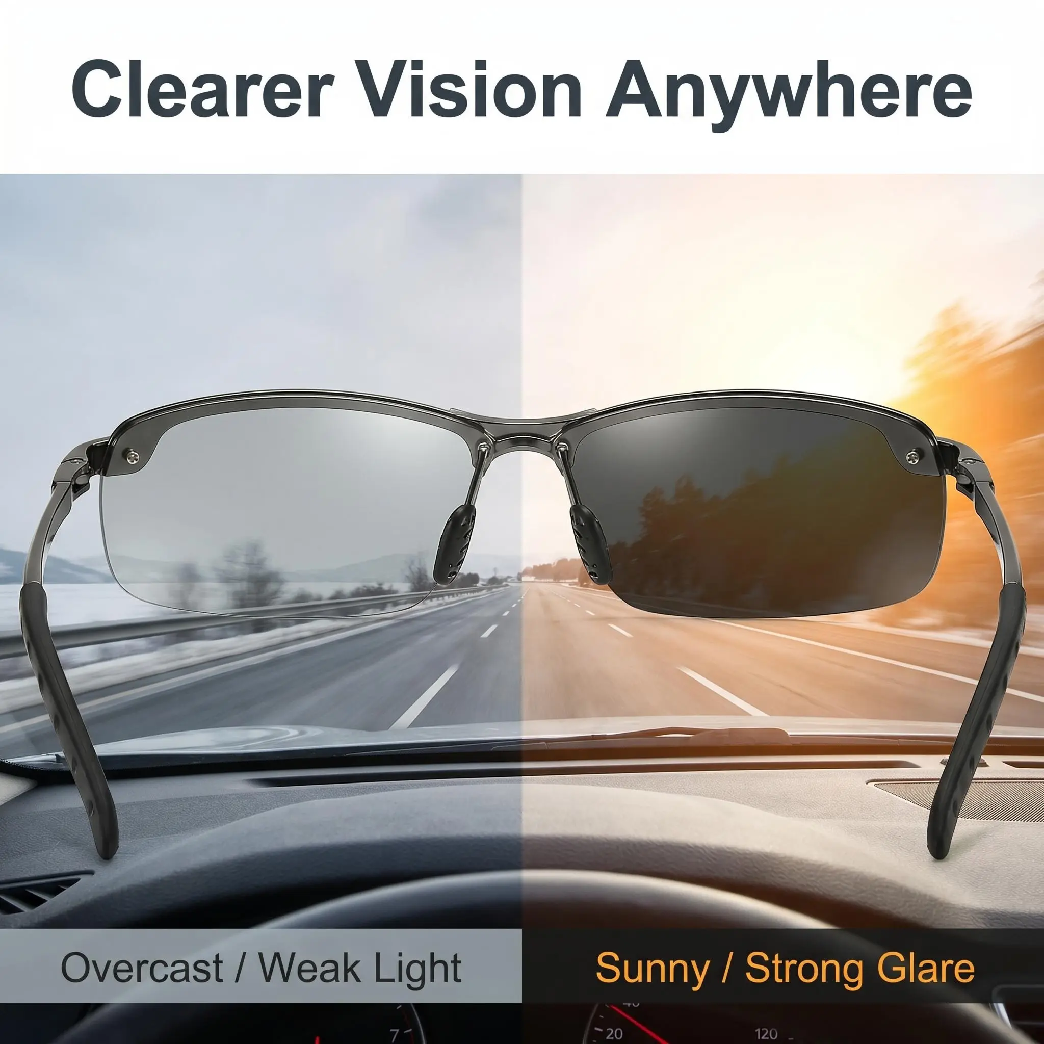 Paleshy HD Polarized Photochromic PC Sunglasses - UV400 Protection, Unisex 2026 Summer Retro Oversized Semi-Rimless Simple Square Frame Fashion Accessories for Driving, Outdoor Sports
