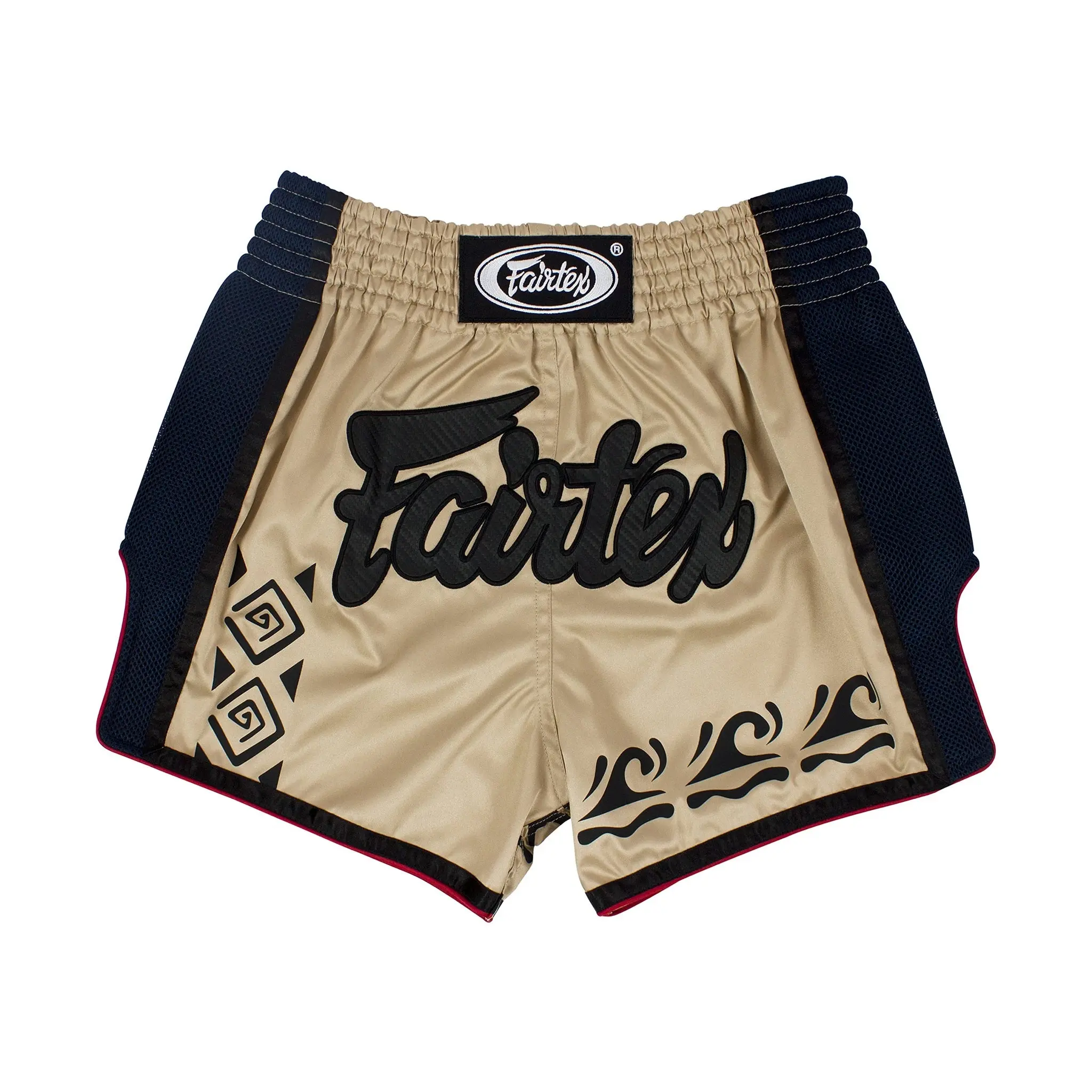 Fairtex BS1713 Khaki Muay Thai Shorts, Men's Slim Fit Satin Martial Arts Uniform with Embroidered Patches, Embroidery Patched Shorts, Slim Fit Outfit