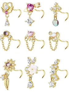 9 Pcs 20G Dangle Nose Rings Studs for Women Stainless Steel L Shaped Nose Studs Heart Arrow Feather Snowflake Wing CZ Dangling Nose Piercing Jewelry