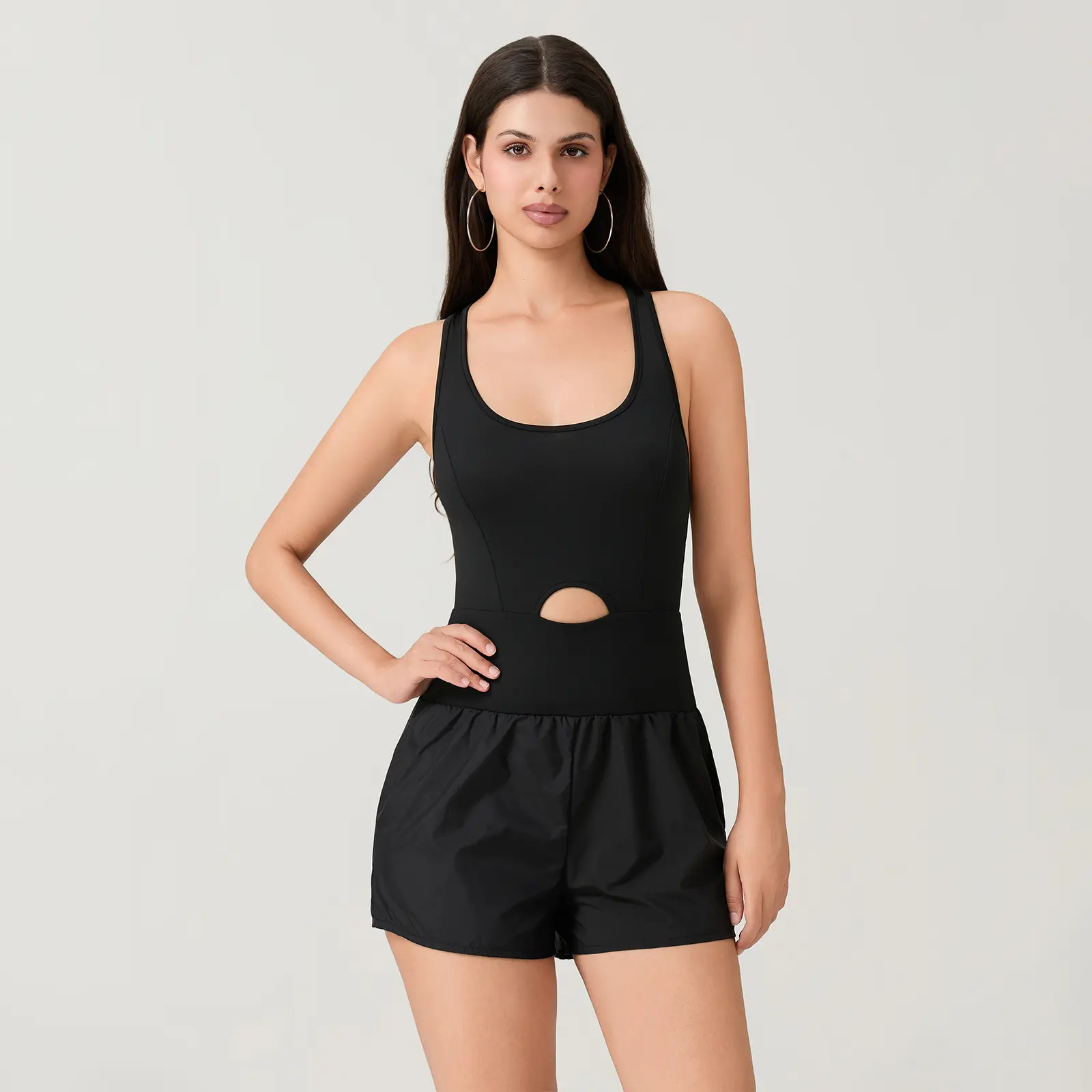 Women's Solid Color Cami Bodysuit, Sleeveless Cross-Back Polyester Spandex Short Jumpsuit Romper for Summer Sports, Backless Dress, Sporty Chic, Polyester Blend