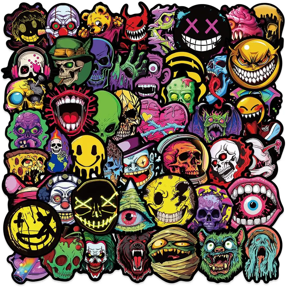 50Pcs Halloween Horror Art Ghostface Skeleton Waterproof Vinyl Decals, Bulk Pack Graffiti Skulls Decor for Motorcycle Helmets, Laptops | Teen Gifts, Alternative to Refrigerator Magnets, Sticker