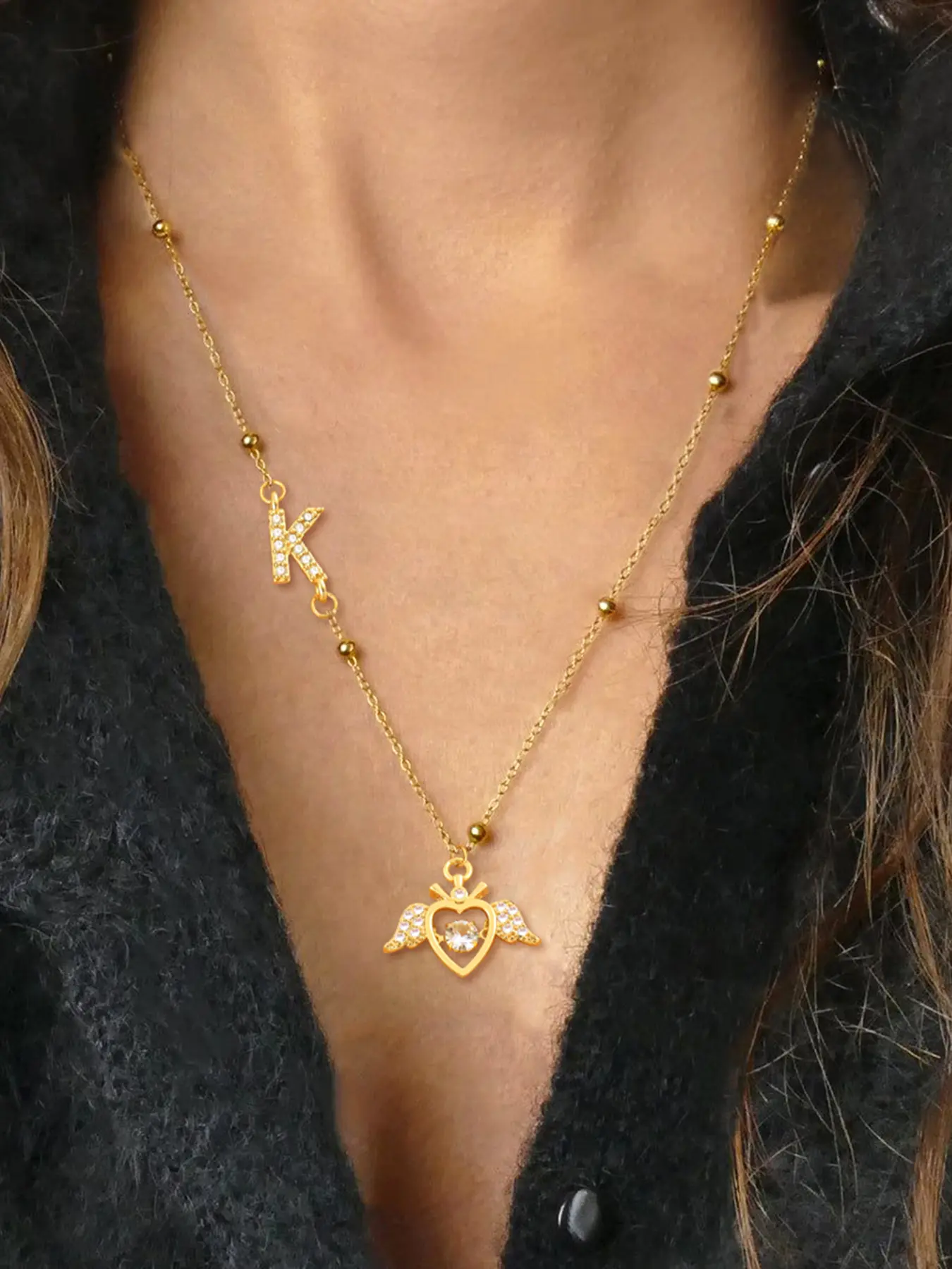 Women's Zirconia Initial Heart Wings Pendant Necklace, Stainless Steel Beaded Chain, Casual Style Jewelry for All Seasons