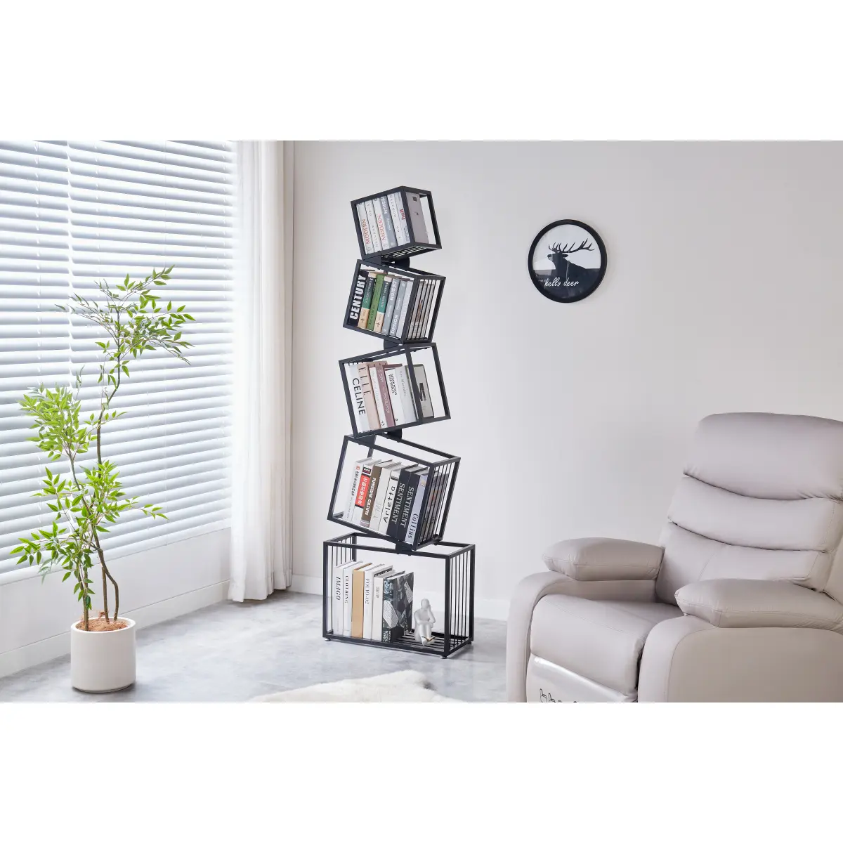5-Tier Geometric Open Frame Metal Bookshelf, Modern 18.11-In Wide Narrow Floor Bookcase with Slanted Tiers, 66.93-In Tall 110 lbs Capacity Space-Saving Organizer for Living Room, Families with Children