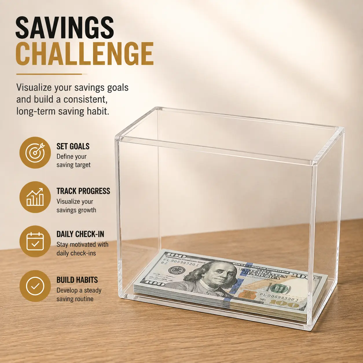 Clear Acrylic Savings Box with Pull-Out Lid, Transparent Money Storage Box for Cash Saving Goals