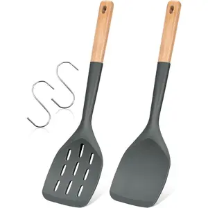 BADIANO Pack of 2 Silicone Spatula, Non Stick Cooking Utensil Set Wooden Handle Kitchen Turner for Baking Mixing Grilling Serving Food Heat Resistant