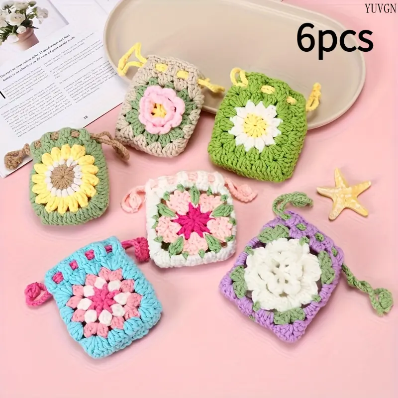 6PCS Cute Sunflower Design Crochet Fabric Drawstring Pouch - Hand-Woven Mini Coin Purse with Protector, Student Gym Storage Bag with Cord, Organiser for Sports & Outdoor Use