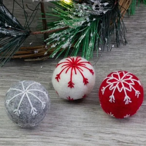 Snowflake Felt Balls- Red Gray White