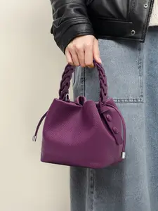 Gentle Genuine Leather Bucket Bag with Woven Handle, Lightweight Versatile Stylish Handbag for Daily Outings, Leather Textured Handbag, Leather Handbags