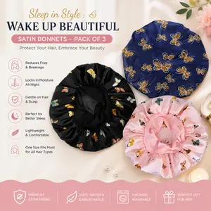 3 Pcs Soft Satin Bonnet Silk Hair Wrap for Sleeping Silk Sleeping Cap with Wide Elastic Band Night Sleep Cap Single Layer Night Sleeping Head Cover for Women Black
