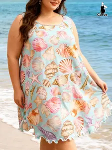 Plus Size Fashionable Women's Homecoming Dress, Elegant Sleeveless Nightgown, Casual Shell Conch Print Sleeveless Nightgown, Stylish All-Season Wear