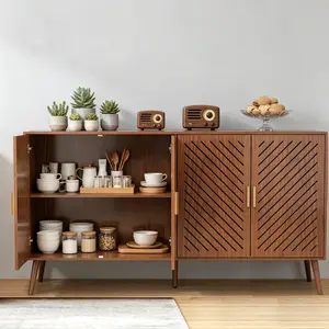 [HUOMAQFAN] Brown 4-Door Wooden Storage Cabinet, Kitchen Buffet Sideboard Organizer for Kitchen, Living Room