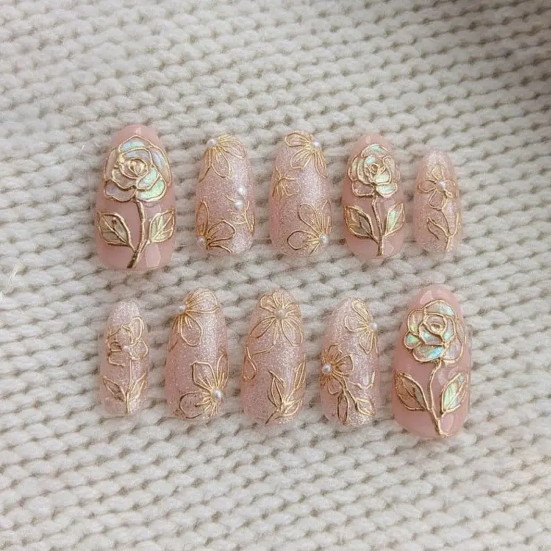 Floral Press On Nails | Pink Rose Nails | Gold Outline Flower Nails | Elegant Bridal Nails | Handmade Short Almond Fake Nails