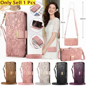 Crossbody Wallet Case for iPhone 17/16/15 Pro Max Plus/14/13/12/11 Pro Max, PU Leather, Cash & Card Holder, Flip Cover Stand, Strap & Wristband, Phone Pouch