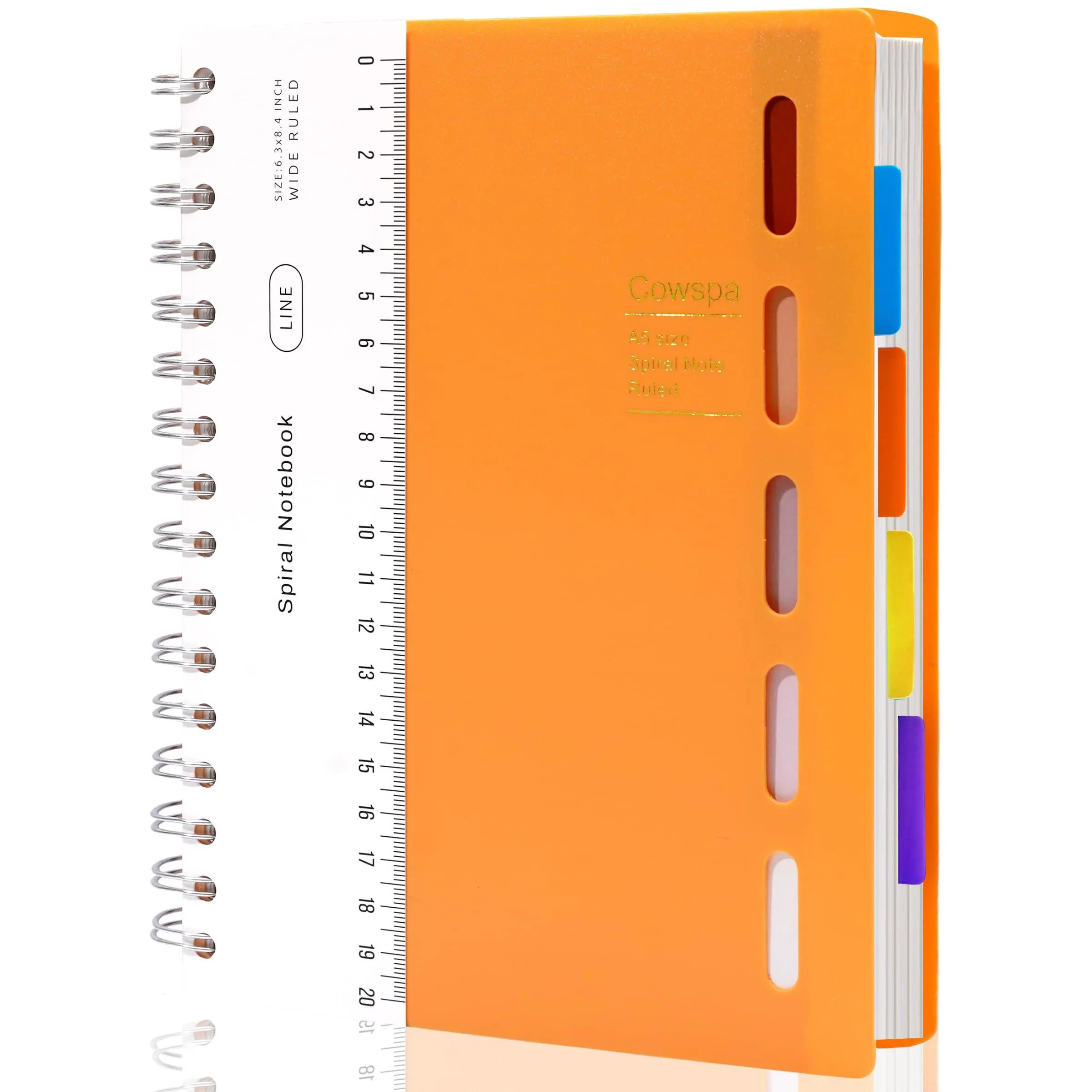 5 Subject Spiral Notebook Bound Journal Wide Ruled 7"x 8.5" Hardcover With Dividers A5 Lined For College Students Writing School Office Supplies Orange