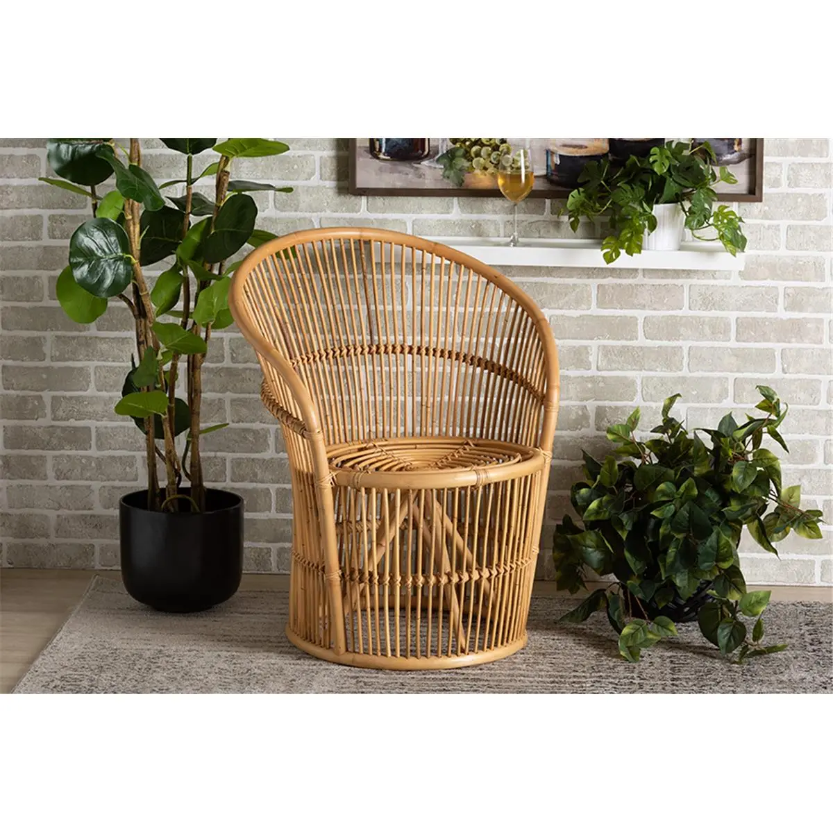 212 MAIN Natural Rattan Outdoor Accent Lounge Chair - Baxton Studio Narva, Handcrafted Artisan, Bohemian Tropical Look, Fully Assembled, Openwork Frame, Sloped Arms, Single Seat, 31.30x27.20x24.60 in, Casual Outdoor Furniture