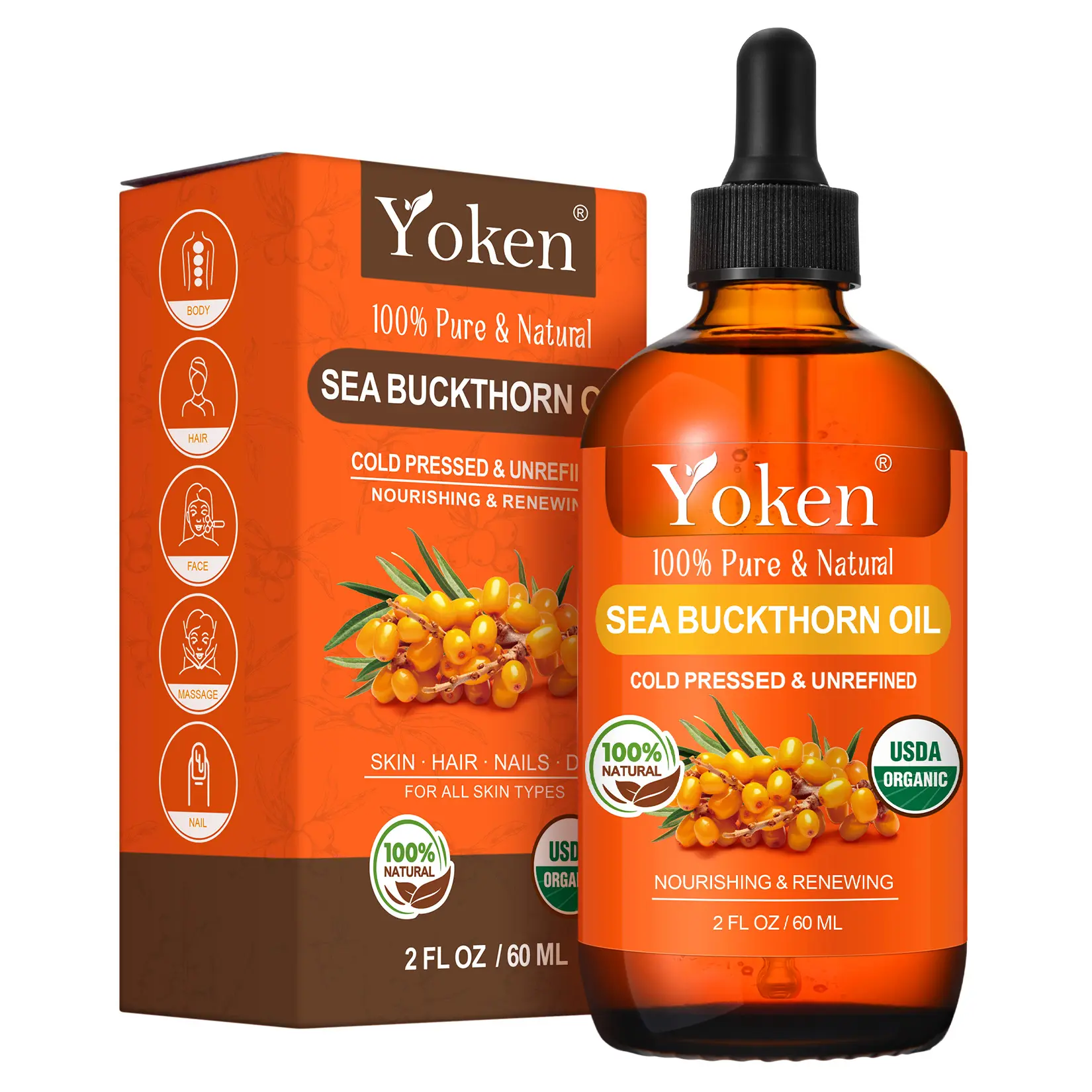 USDA Sea Buckthorn Oil Organic 2oz, Cold Pressed Berry Oil for Face Hair