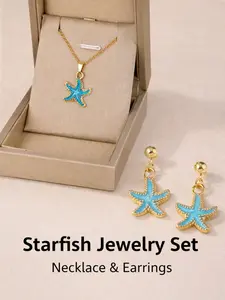 Fashion 3D Alloy Colorful Pearl Coated Starfish Stud Earrings and Necklace Set, Unique Jewelry Gift Idea, Perfect for Any Occasion