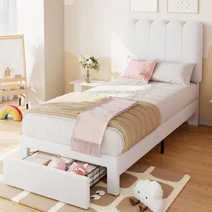 Twin Bed Frame with Storage Drawer and Headboard, Boucle Upholstered Twin Platform Bed Frame for Girls, Strong Wooden Slats Support, Noise-Free, Easy Assembly, White