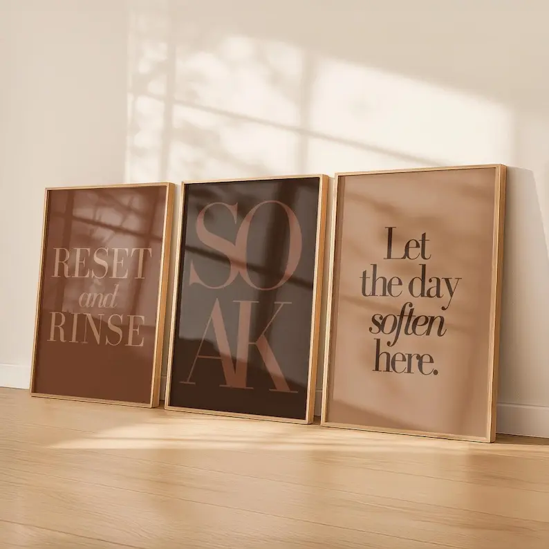 Brown Bathroom Wall Art Set of 3 Digital Download, Reset and Rinse Bathroom Prints, Soak Bath Poster Trio, Neutral Bathroom Decor