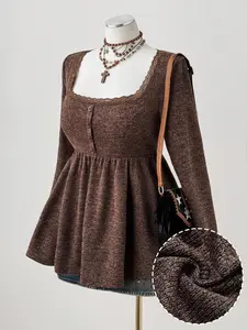 Sunspun Plus Size Coffee Brown Faux Fur Peplum Sweater – Square Neck Vintage Elegant Top for Autumn/Winter