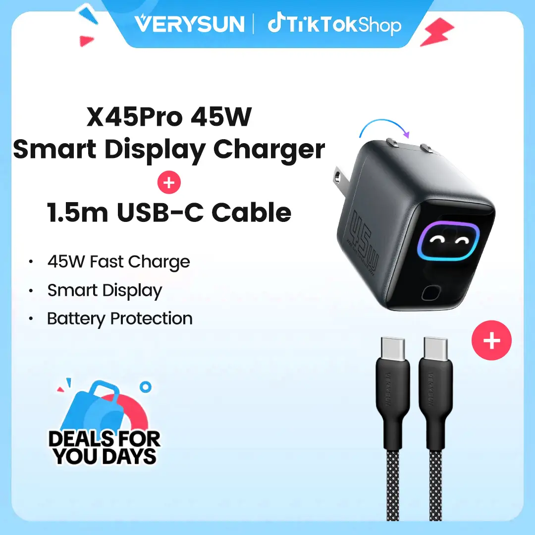 Verysun Smart Display Charger 45W Fast Charging with LED Display, 1.5 m USB-C to USB-C Cable Included, Switchable Charging Modes for Battery Health, Compact Foldable Plug, All-in-One for iPhone, Samsung, iPad, MacBook, Summerwins, FathersDayGift