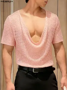 INCERUN Men's Fashion Summer Loose Mesh Hollow Out Short Sleeve T-Shirt Polyester, Comfortable Breathable Top for Warm Weather, Stylish Casual Wear