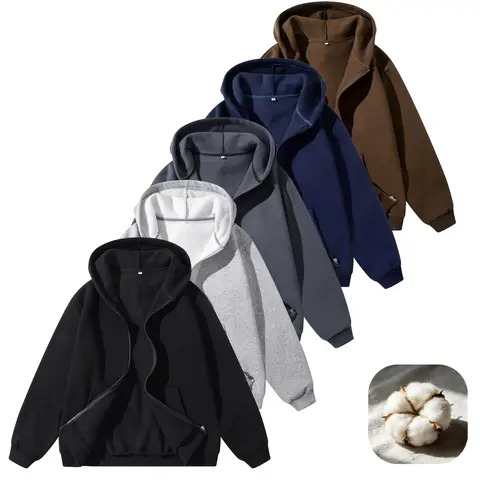Men's solid-color cotton-blend zip-up hooded sweatshirt, casual long-sleeve outerwear
