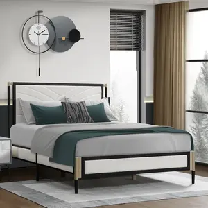 Full size Bed with White Boucle fabric Headboard, Champagne Silver+Black Frame