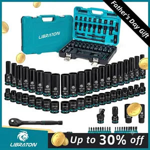 【Fathersdaygift】LIBRATON 3/8" Drive Impact Socket Set, 90PCS SAE & Metric Cr-V Deep & Shallow Impact Driver Sockets with Extension Bars, Ratchet Handle, Screwdriver Bits, Spark Plug Sockets, Adapter, Universal Joint outdoorfun Hex Wrenches