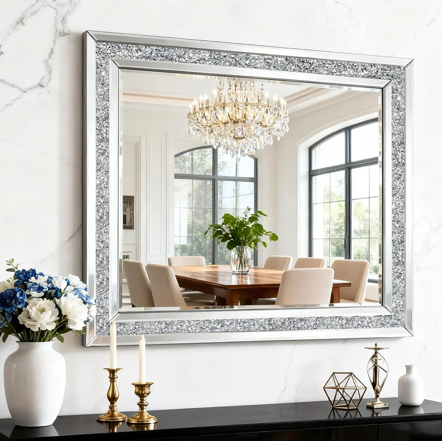 SHYFOY Modern Horizontal Rectangle Crystal Accent Hallway Mirror - Crushed Diamonds Inlay, 31.5"×23.6" Durable Glamorous Vanity Mirror, Decoration Adds Depth & Light for Living Room, Easter, Dream Vanity Setup